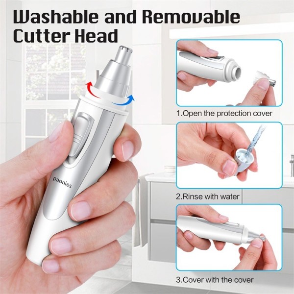 paonies Ear and Nose Hair Trimmer Clipper - 2022 Professional Painless Eyebrow & Facial Hair Trimmer for Men Women, Battery-Operated Trimmer with IPX7 Waterproof, Dual Edge Blades for Easy Cleansing White